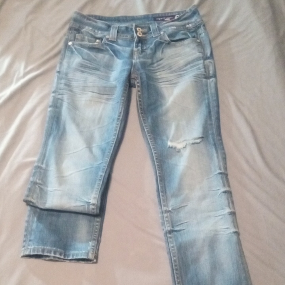 Vigoss Blue Boot Cut Stretch Jeans Features Distressed Details P2094J